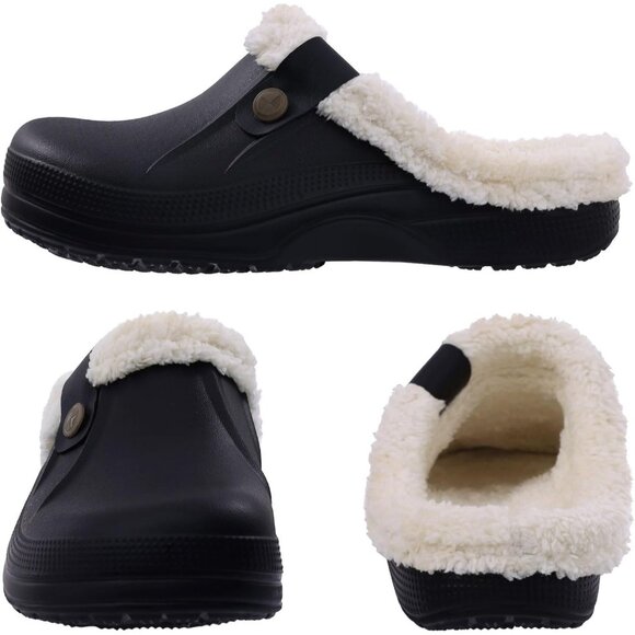 Women Black/White Clogs Waterproof Winter Fuzzy Slippers Classic Fur Lined - Picture 3 of 6